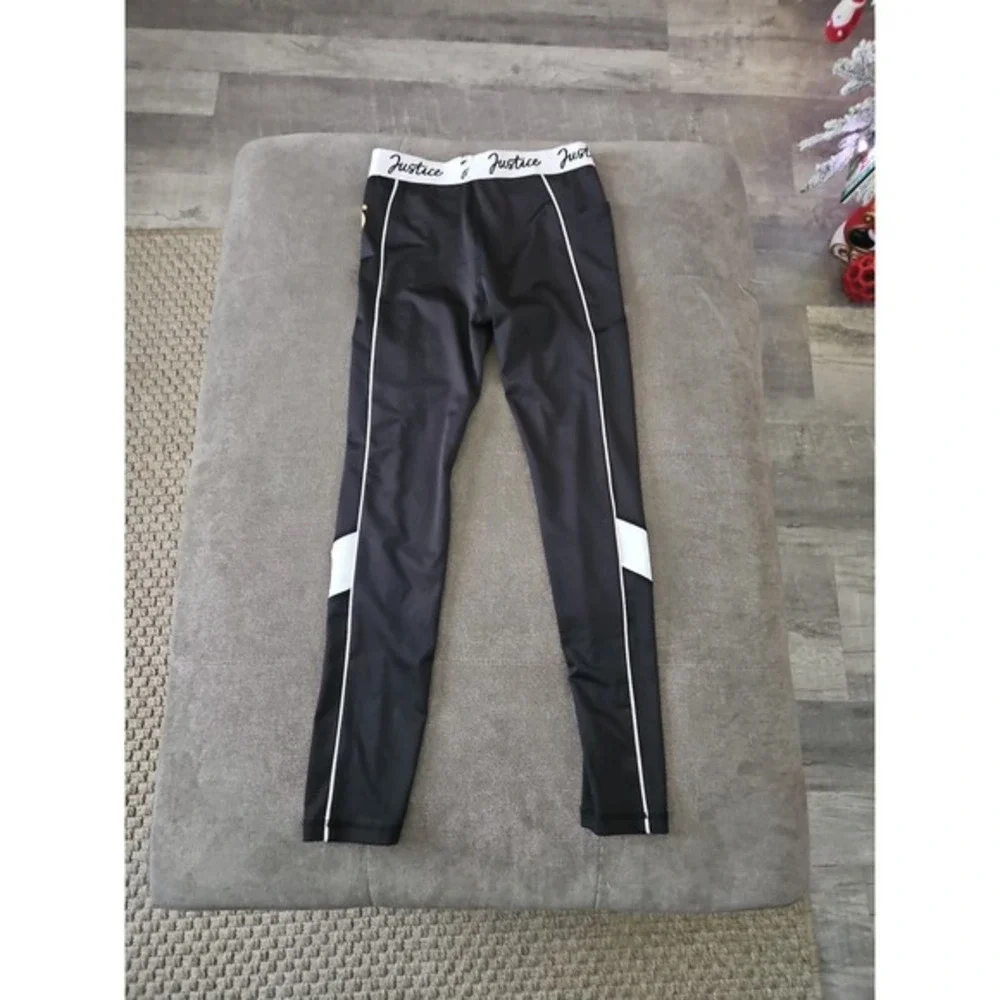 Justice Girls Black Dance Leggings Size L 12/14 Gold Script Graphic Pockets‎